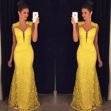 Robe de Soiree Longue African Elegant yellow Lace Mermaid Prom Dress Long Cheap Evening Gowns Vestido de Festa