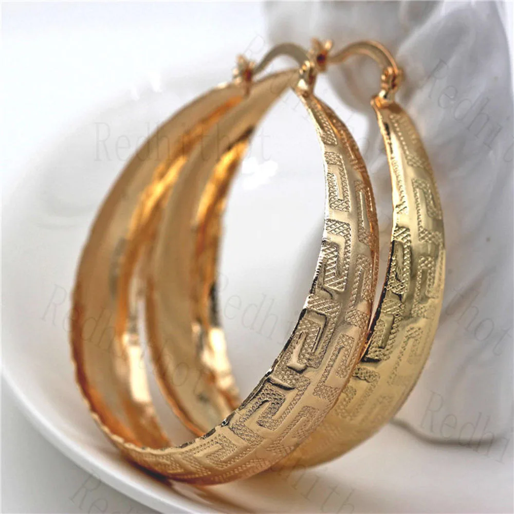 Винтажные серьги-кольца для женщин, позолоченные серьги с узором, большой круглый круг, ретро металл - Окраска металла: OBS4301-Gold