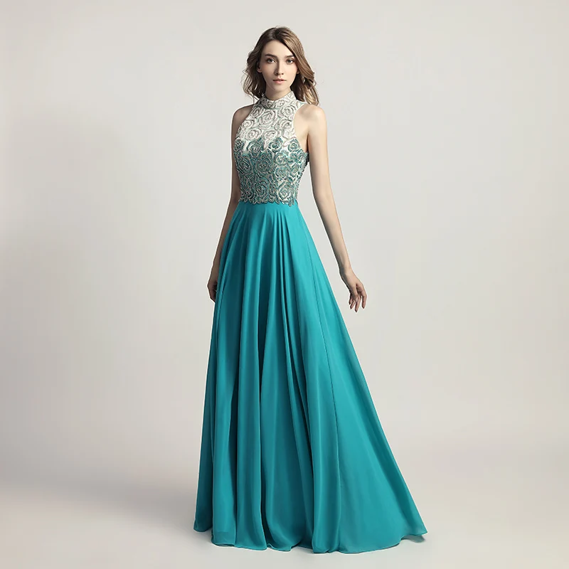 New Arrival Chiffon Black Long Prom Dresses with Full Top Beading High Neck Open Back Formal Evening Wear Cheap Party Gown LX419