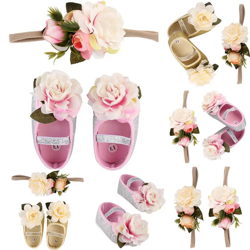 

Newborn Baby Girl Soft Sole Crib Shoes Headband 2pcs Anti-slip Sneaker Prewalker