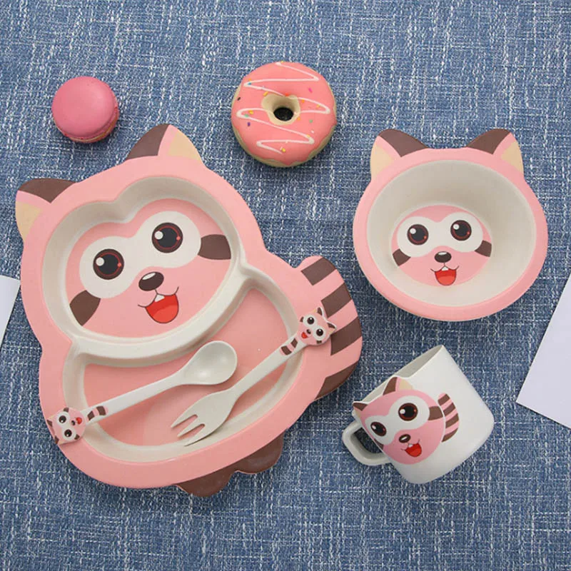 

Cartoon Feeding Dishes Bowl Bamboo Fiber Tableware Set Dishes Bowl Spoon Fork 5pc Raccoon Shape Dinnerware for Children