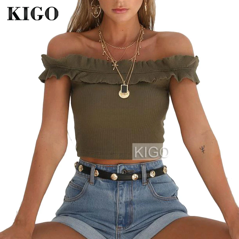 2018 Sexy Off Shoulder Crop Tops Summer Knitted Street Wear Crop Top