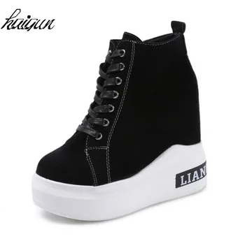

12CM Women Platform Wedge Casual Shoes PU Leather And Sequined Patchwork Height Increasing Casual Shoes Woman Wedge Shoes