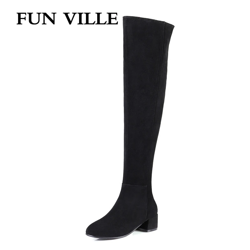 

FUN VILLE 2017 New Fashion Autumn Women Over the knee Boots cow suede High Quality Solid Round toe slip-on size 34-43