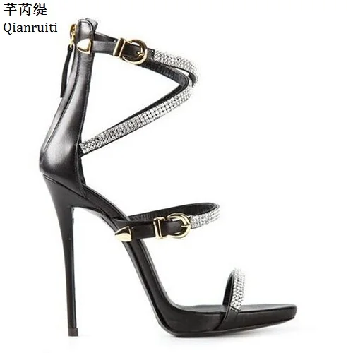 

Qianruiti Rome Style Studded Crystal Strap Women Shoes Cut-Outs High Heels Women Sandals Ankle Buckle Stiletto Heels Women Pumps