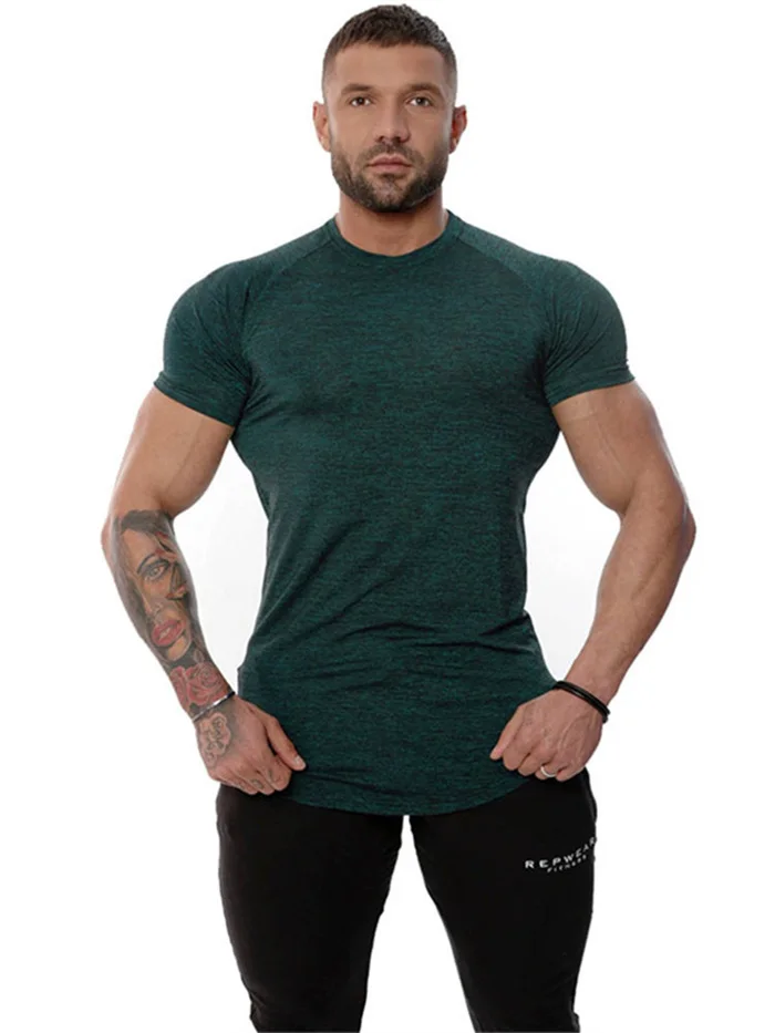 Yomeke, Мужская хлопковая футболка с коротким рукавом, летняя новая футболка для тренажерного зала, фитнеса, мужские футболки, топы, мужская повседневная одежда для бега - Цвет: green