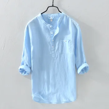 

2019 Summer New Casual Linen Cotton Three Quater Sleeve Shirts Men
