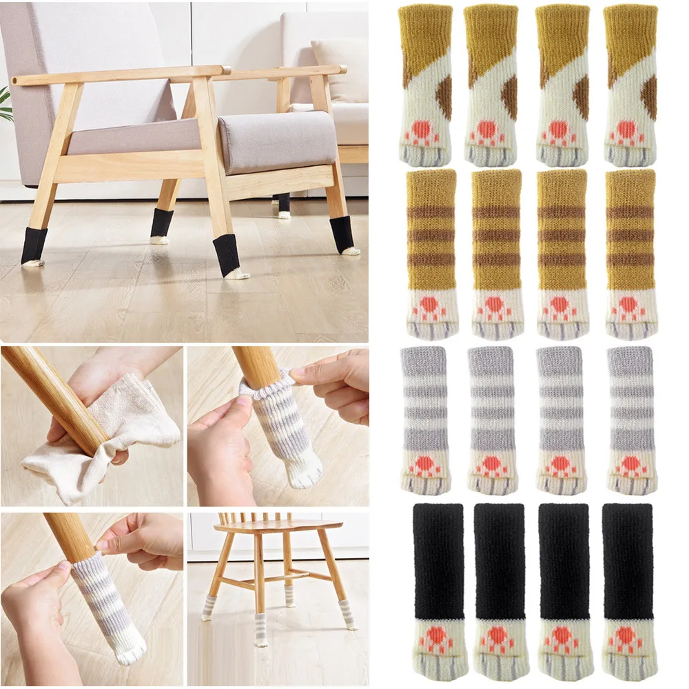 

4pcs Chair Leg Socks Cloth Floor Protection Knitting Wool Socks Anti-slip Table Legs Furniture Feet Sleeve Cover Cat Scratching
