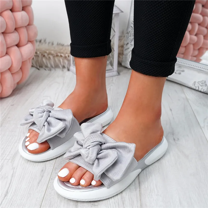 

Summer Soft Women Silppers Bow Flats Slides Sandals Slip On Sliders Peep Toe Casual Shoes Female Comfort Shoes Plus Size 35-43