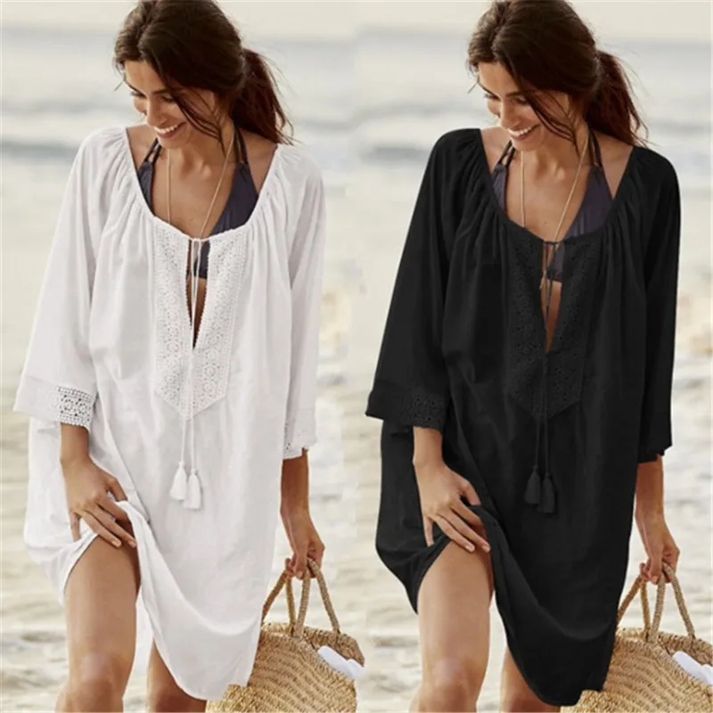 

2018 Woman Swimwear Beach Cover Up Cotton Tunics For Beach Women Swimsuit Cover Up Beachwear Pareo Beach Dress Saida De Praia