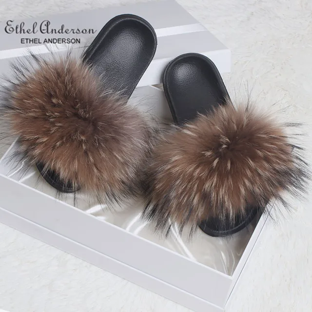 Lady Vintage Fox Fur Slippers Woman Summer Raccoon Hair Home Outdoor Plus Fur Hair Shoes,Caramel,9