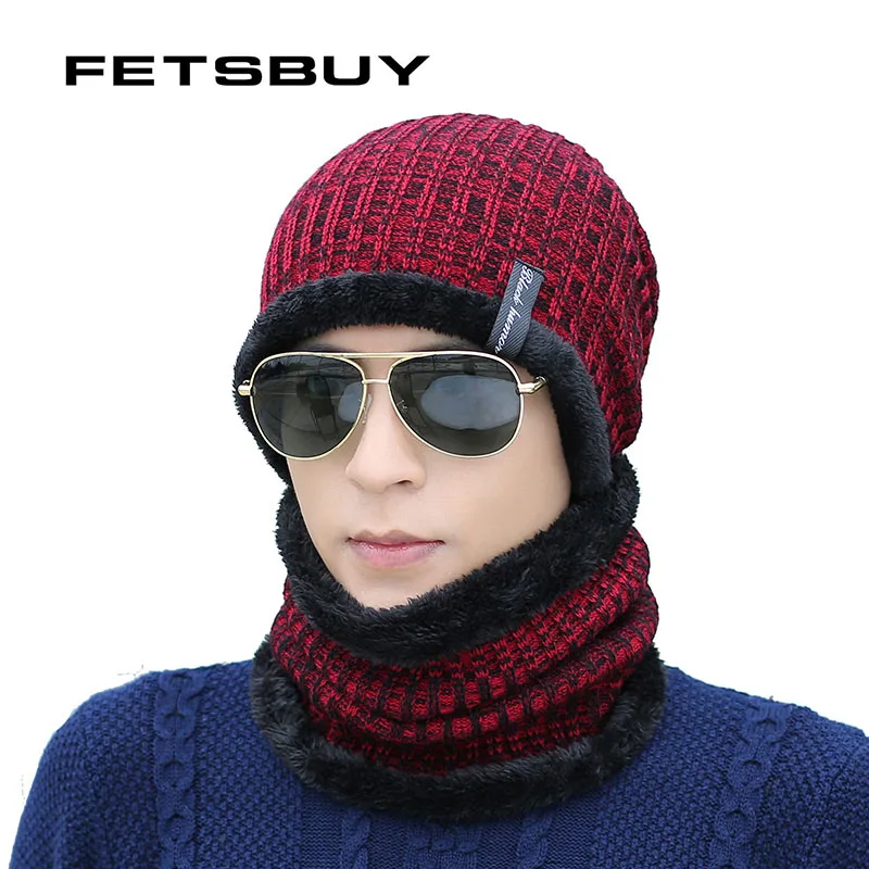 Fetsbuy зимние шапочки Для мужчин шарф вязаная шапка шапки маска Gorras капот зима теплая мешковатые Шапки для Для мужчин Для женщин Skullies шапочки шапки
