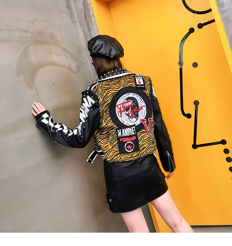 Осенняя Новинка, тайский модный бренд, женская кожаная куртка с заклепками, Зебра, граффити, принт, нашивка, дизайн, вышивка, тонкая верхняя одежда