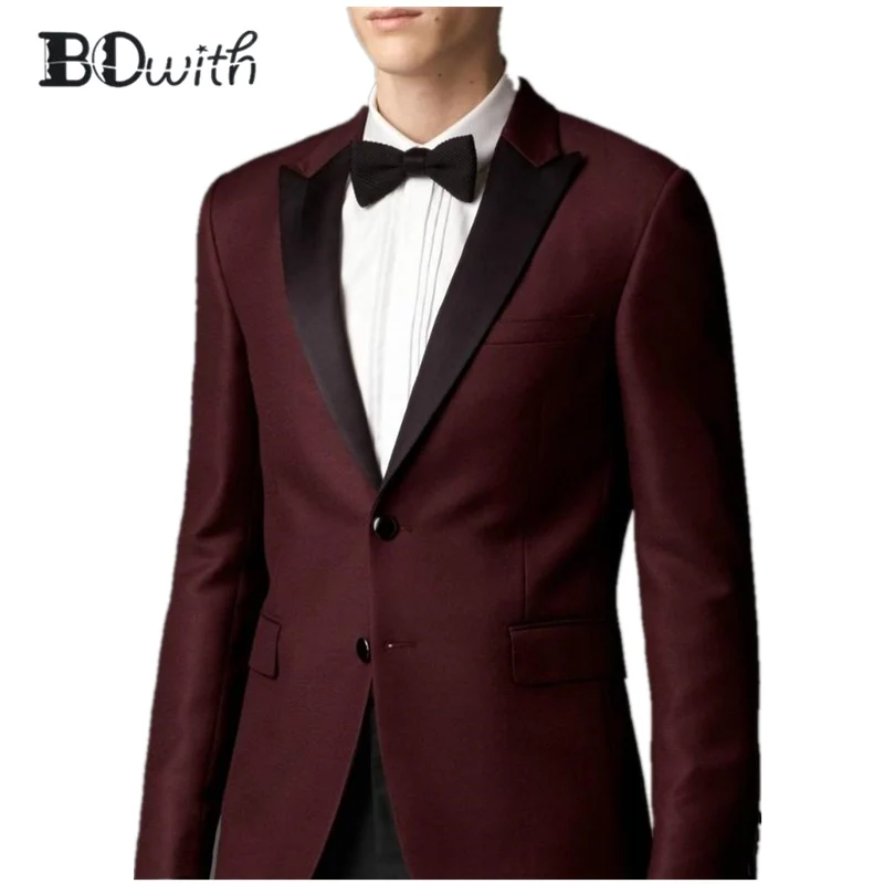 Бургундия Свадебный Мужской костюм остроконечный воротник Slim Fit 2 шт.(куртка+ брюки) на заказ для свадьбы жениха парадный смокинг костюмы