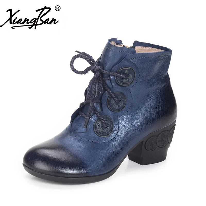

Xiangban 2018 Spring Winter Women Shoes Leather Ankle Boots Handmade Cross-Tied High Heels Short Boots Black Blue