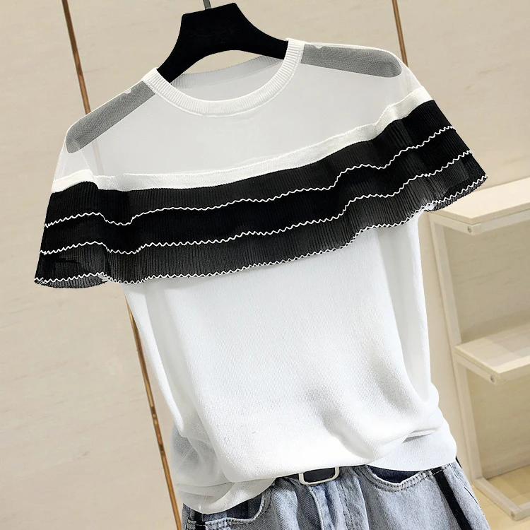 summer new thin pleated mesh stitching thin section knitted ice silk short-sleeved T-shirt