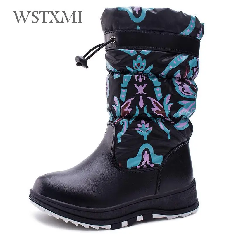 

Winter Children Rubber Boots for Boys Leather Snow Boots Fashion Girls Mid-calf Plush Warm Non-slip Shoes Kids Waterproof Boots