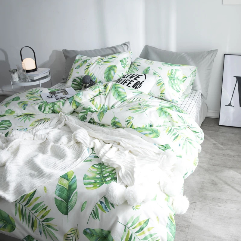 2018 Fashion Leaves Print Sheet Pillowcase and Duvet Cover Sets 100% Cotton Bedlinen Twin Double Queen King Size Bedding Set | Дом и сад