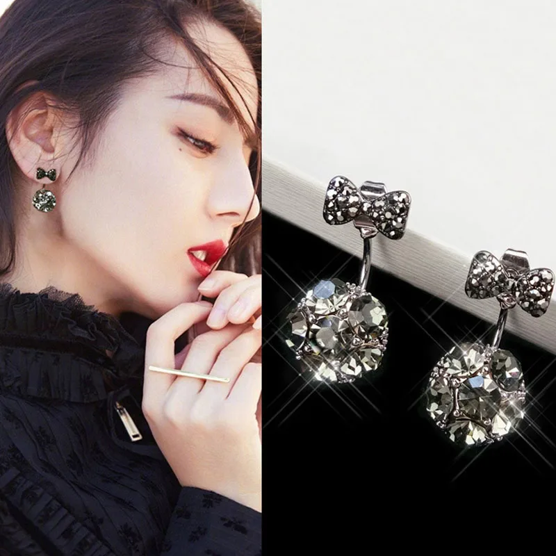 New Simple Style Double Crystal Bow Design Stud Earrings Silver Plated Women Girl Ear Jewelry Animal Wholesale E258 | Украшения и