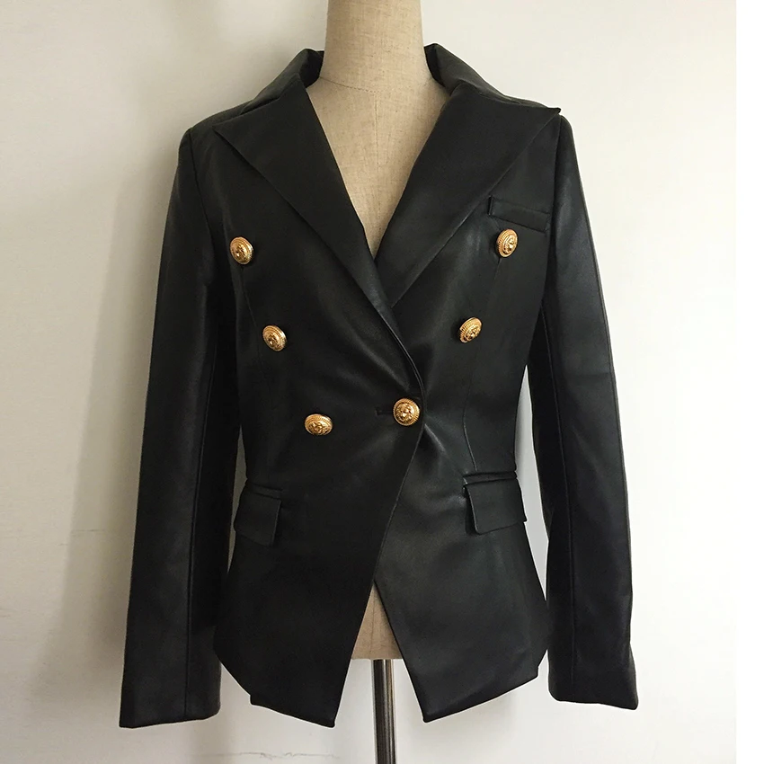 Newest Fall Winter 2019 Designer Blazer Jacket Women’s Lion Metal Buttons Double Breasted Synthetic Leather Blazer Overcoat