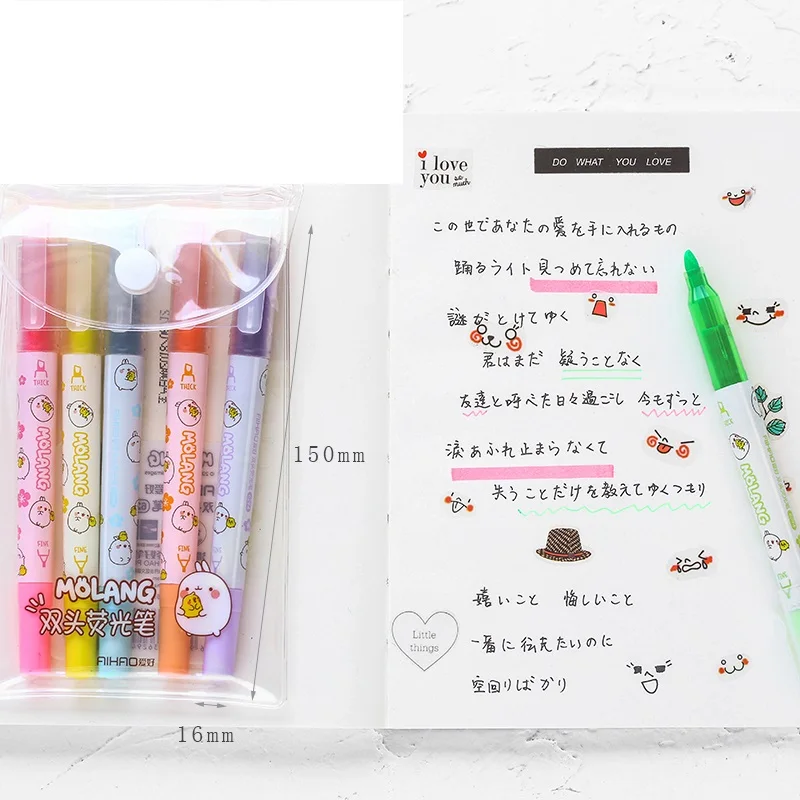 6 pcs Molang color highlighter marker pen set Dual-side spot liner Cute Stationery office School supplies material escolar F007