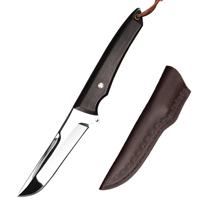 

CIMA Survival Hunting Knife, Sandalwood Wood handle/9cr18mov steel, Leather Sheath Super sharp mirror finish