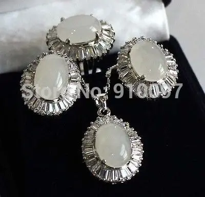 

LHX54016>>>>>>New Women's jewelry white jade pendant earring ring set