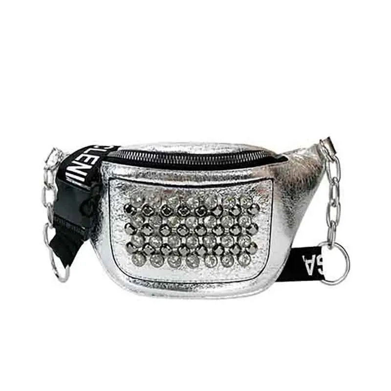 Silver Женская забавная сумка из искусственной кожи, женская дизайнерская сумка на пояс, женская сумка на пояс с заклепками, сумка на цепочке - Цвет: Silver