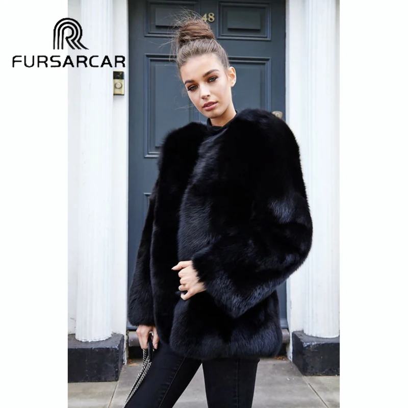FURSARCAR Новое Женское пальто из натурального меха, зимнее плотное Женское пальто из натурального Лисьего меха, роскошное Женское пальто черного цвета из цельной кожи, куртка из лисьего меха