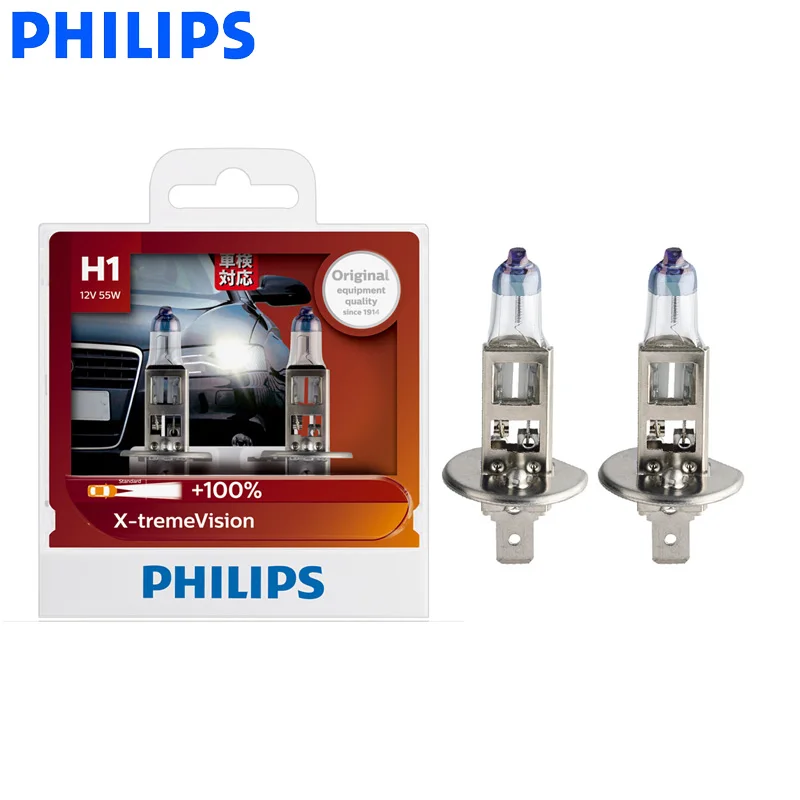 

Philips H1 12V 55W P14.5s X-treme Vision Auto Headlight Bright Halogen Bulbs ECE Approve 100% More Vision 12258XV S2, Pair