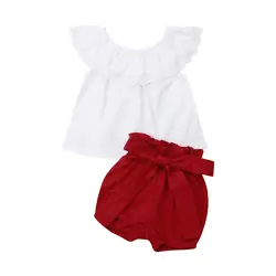 Детские кружевные топы для маленьких девочек + красные шорты летние модные наряды комплект детской одежды