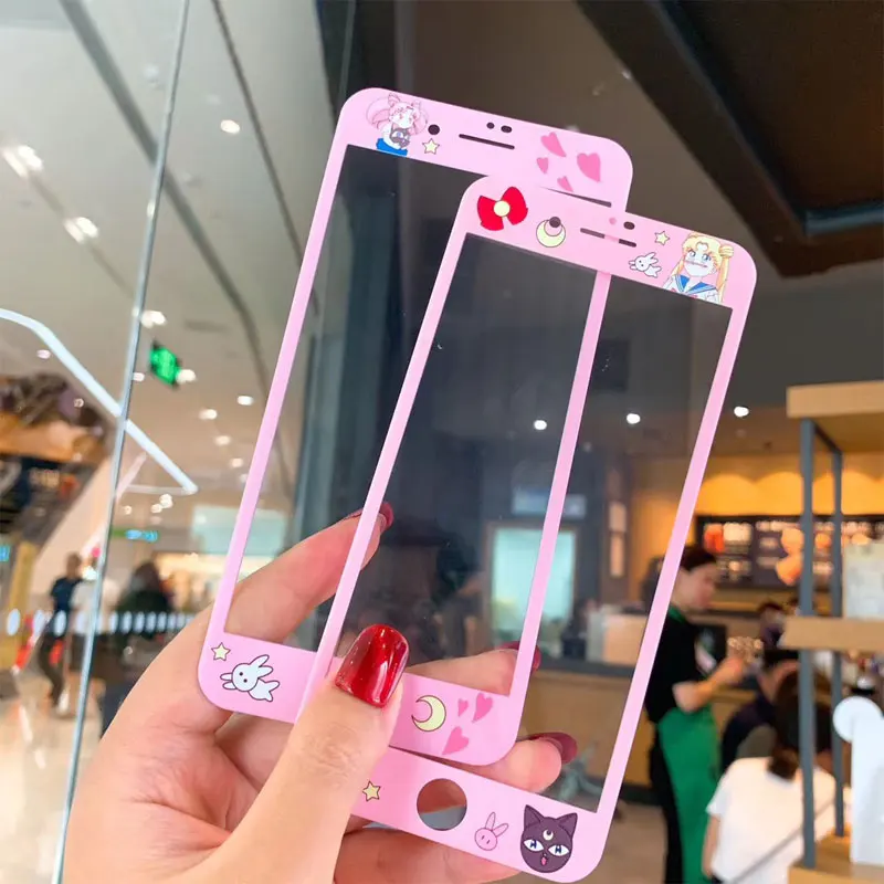 Cute Sailor Moon phone Case&Tempered Glass Screen film For iphone X Pink case for iphone XR XS Max 6 6s 7 8 plus Case Front film