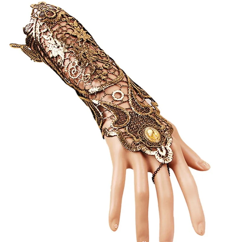 

Women Sunscreen Steampunk Style Lace Fingerless Long Gloves Lace Hollow-Out Chain Summer Skid Resistant Goth Party Costumes