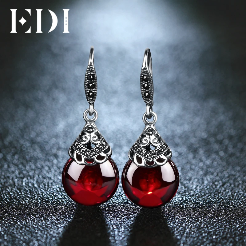 EDI Retro Flower Garnet Pendant Necklace and Drop Earrings For Women 100% 925 Sterling Silver Simulated Gemstone Jewelry Sets