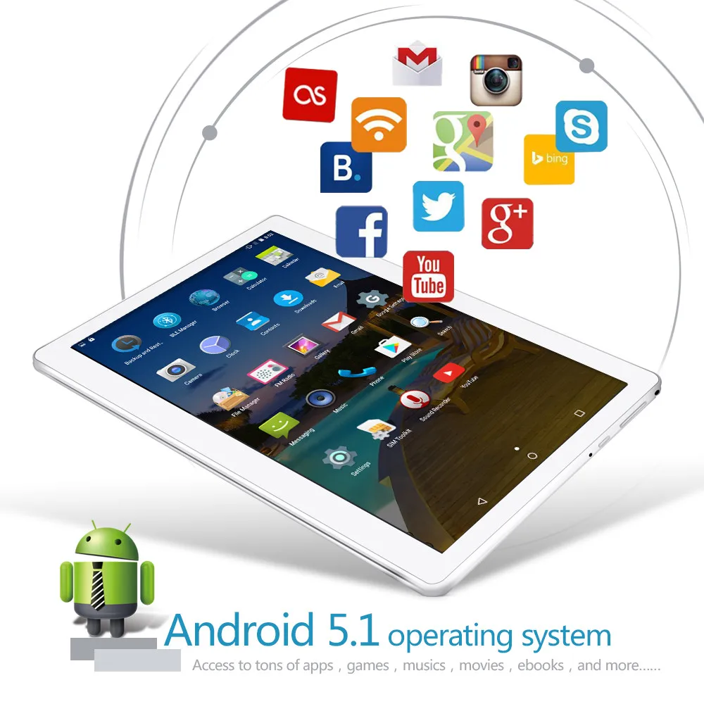 Yuntab 10,1 ''K107 Android 5,1 планшет 1 ГБ + 16 ГБ Quad-Core Phablet белый Цвет открыл двойной гнезда для sim-карты gps ips 1280X800