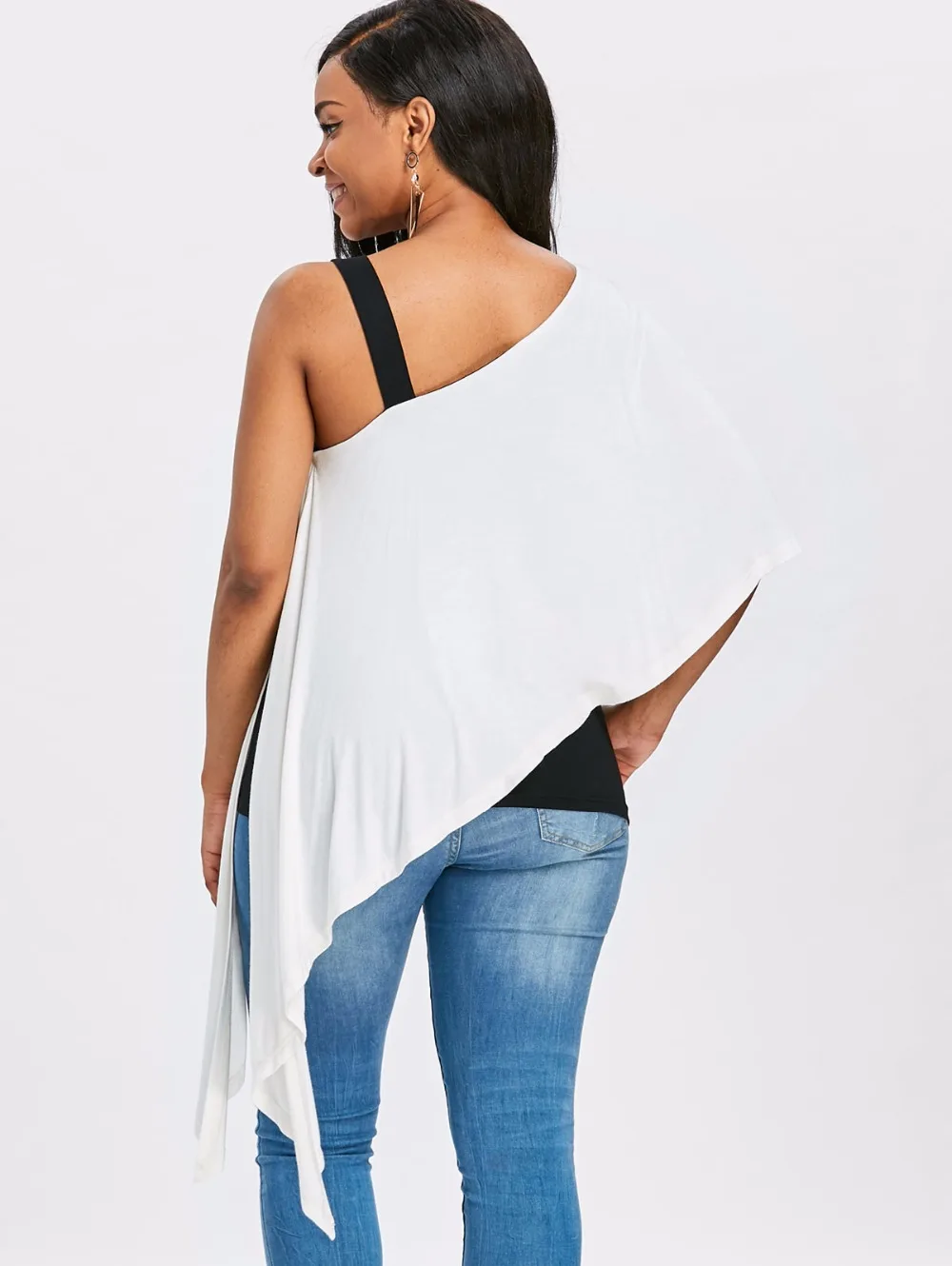 VESTLINDA Skew Collar Color Block Black White Overlay Asymmetrical Tee Two Tone T Shirt Women Casual Tops Summer 2018 T-shirt 2