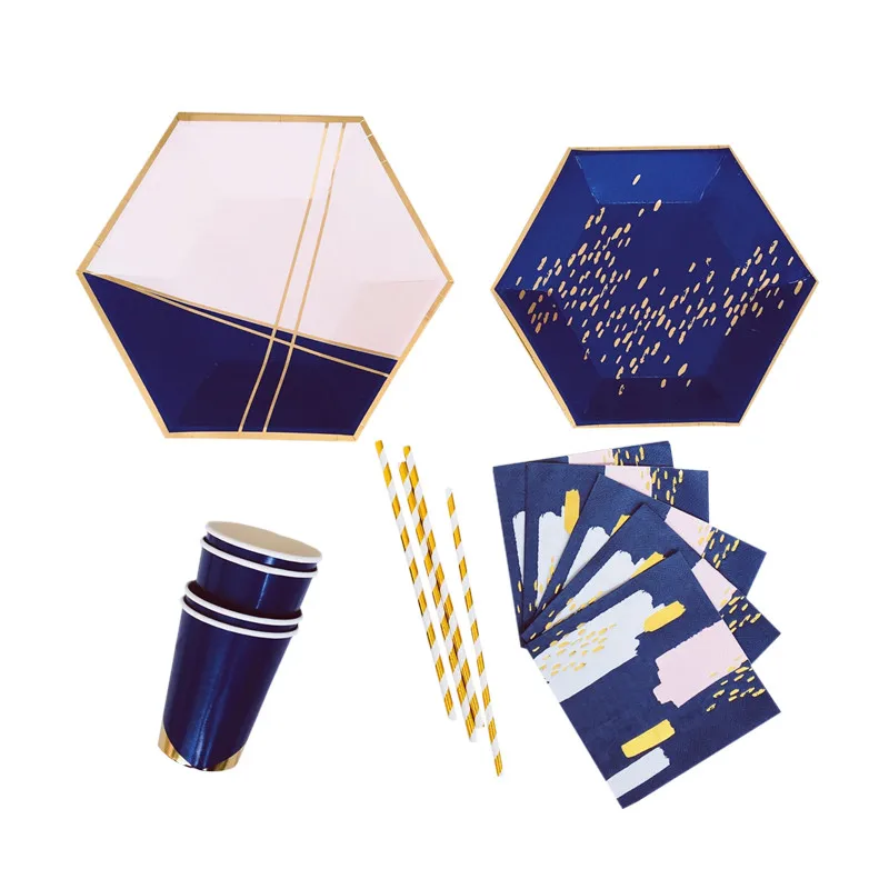 32 Sets Navy Blue Pink Foil Gold Disposable Tableware Cake Paper
