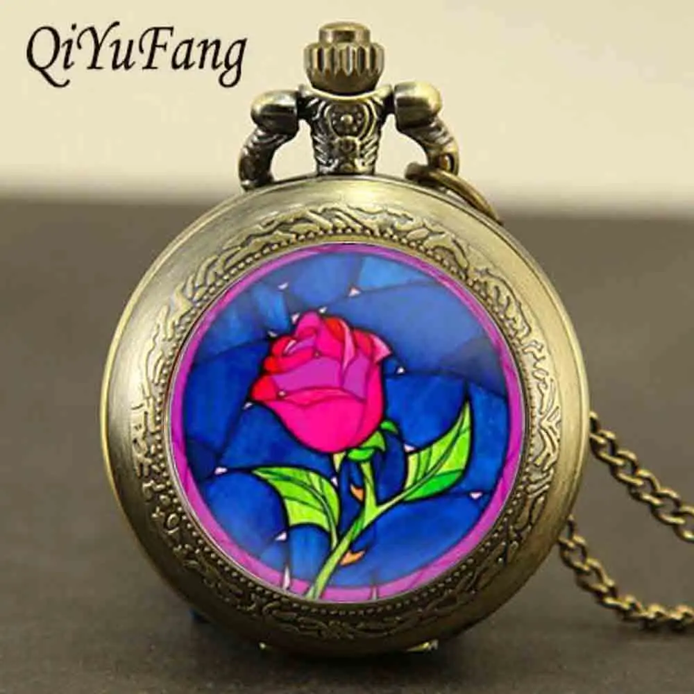 

Steampunk beauty and the beast rose pocket Watch Necklace 1pcs/lot Pendant Quartz flower chain Valentines Day gift montre Choker