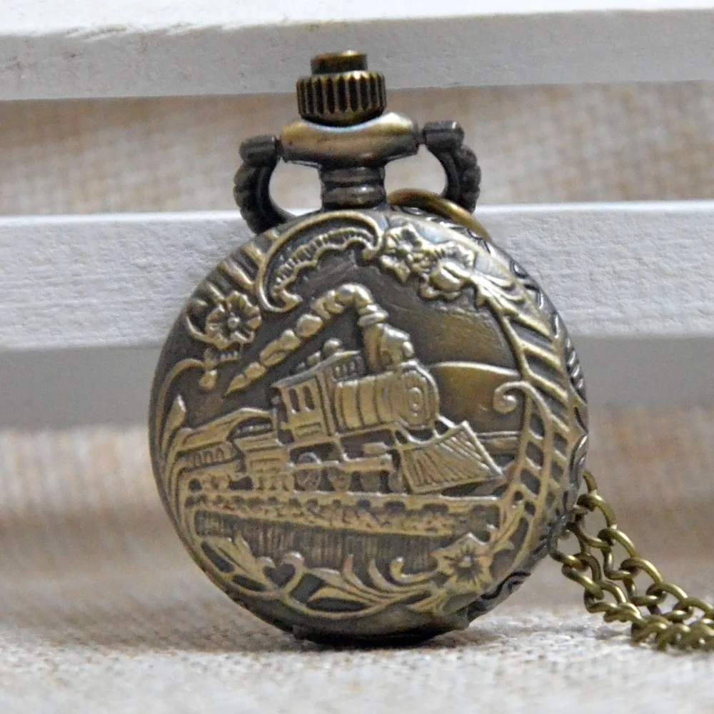 

Antique Bronze Train Engrave Small Quartz Pocket Watch Analog Pendant Necklace Mens Womens Gifts