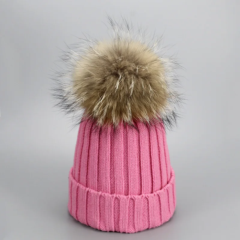 Зимняя шапка с натуральным мехом, шапка с помпоном из енота для женщин, брендовая плотная женская шапка, шапка для девочек, вязаные шапки, шапки,, новинка, 9275 - Цвет: Pink
