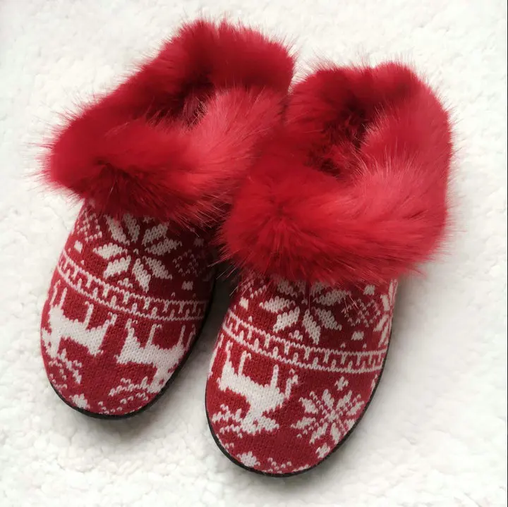 Women's Soft Yarn Cable Knitted Faux Fur Collar Slip On Slippers Memory Foam Anti-Skid Sole House Slipper Shoes (3)