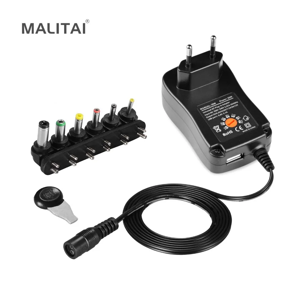 

Universal AC 100-220V to DC 3V-12V LED Driver Power Supply Adapter Charger +5V 2.1A USB Port With 6 X Jack Connector EU Plug