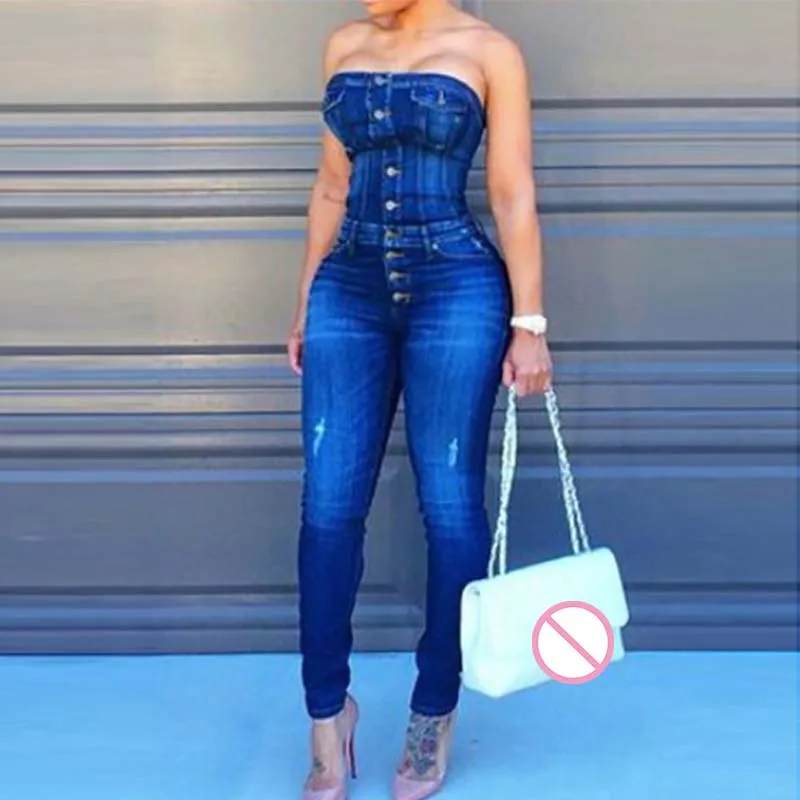 

Sexy Off Shoulder Denim Jumpsuits Overalls Women Jeans Playsuit Solid Strapless Pencil Pants Romper