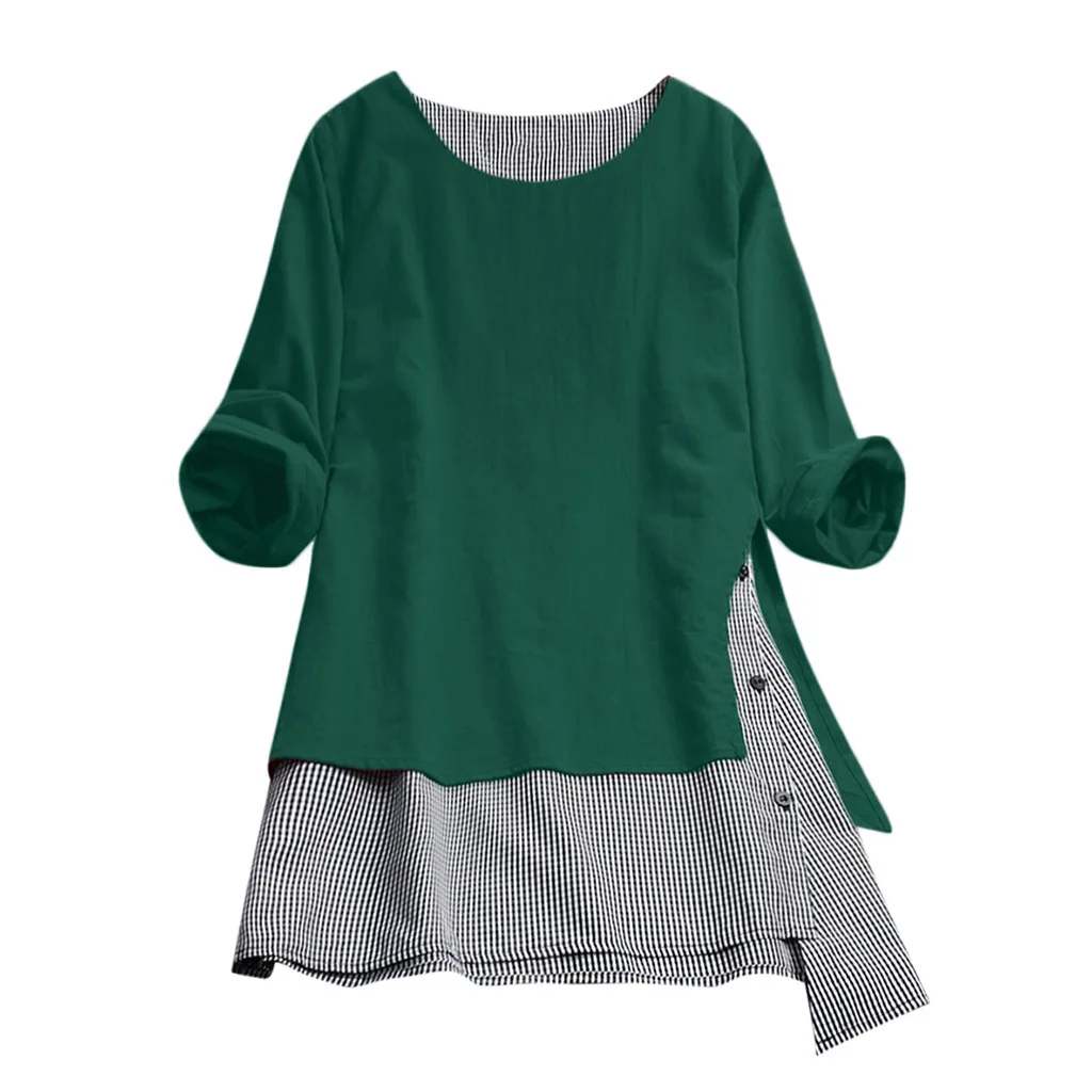 Женские топы и блузки размера плюс 5XL, винтажные Лоскутные женские топы на пуговицах, женская блуза с длинным рукавом, женская одежда - Цвет: Зеленый