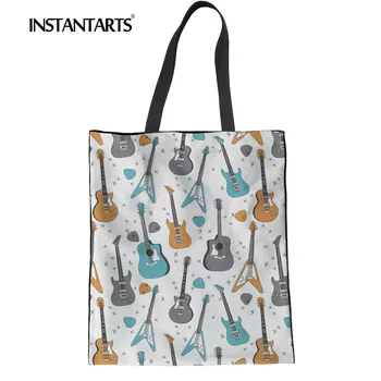 

INSTANTARTS Music Notes Cloth Shopper Bag Fashion Women Canvas Tote Bag Reusable Foldable Casual Handbag Guitar Print Beach Bags