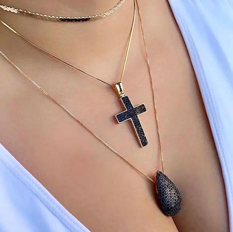Новое поступление, медный материал, шикарное CZ ожерелье с крестом для женщин, ювелирное изделие, кубический цирконий, золотой цвет, цепочка, подвеска, ожерелье