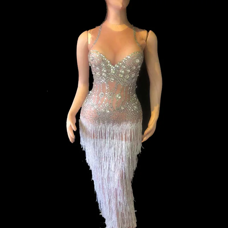 

Sparkly Rhinestones Pearls White Tassel Dress Birthday Party Celebrate Outfit Female Singer Costume Stage Performance Dresses DJ