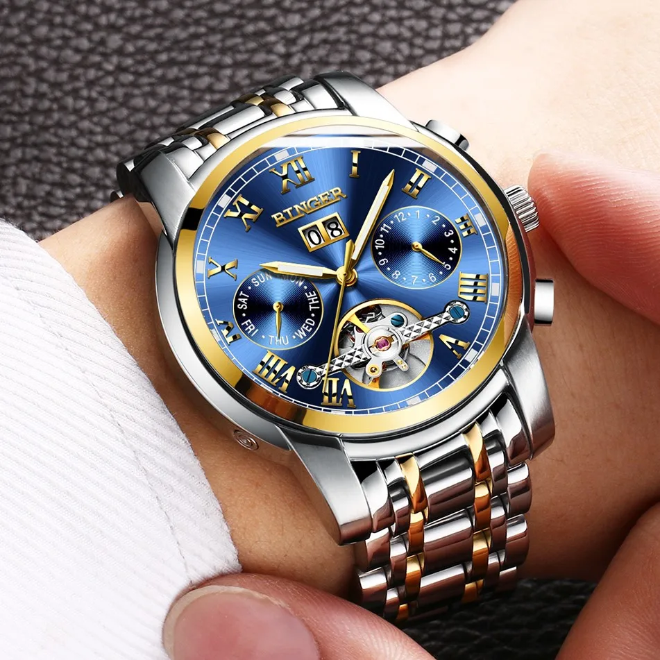 Модные спортивные часы Switzerland BINGER Tourbillon механические с календарем и сапфиром