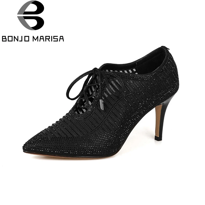 

BONJOMARISA New women's Synthetic Spike High Heels Solid slip-on Pointed Toe Shoes Woman Casual Spring Pumps Size 34-39
