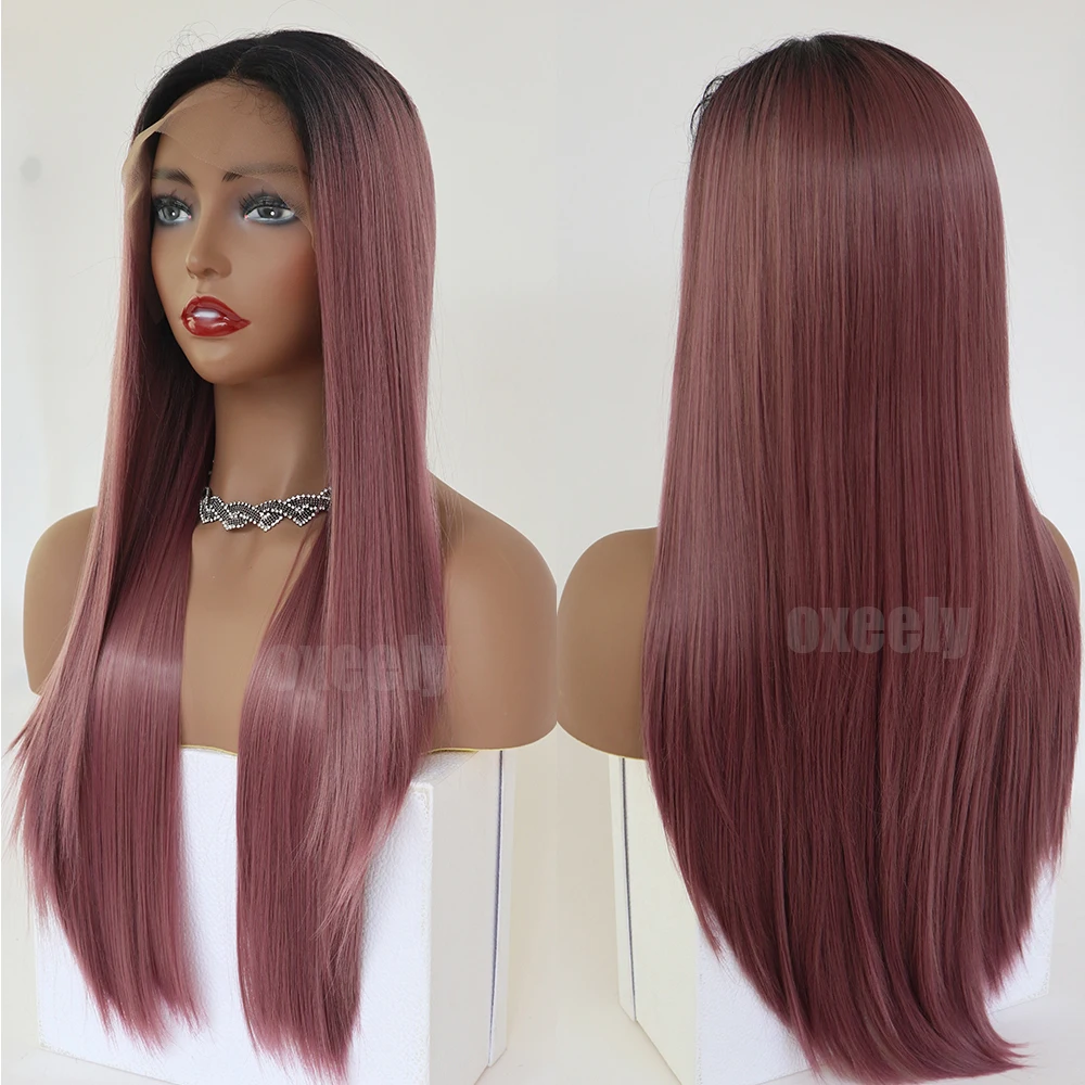 Oxeely длинные прямые волосы фиолетовый цвет синтетические парики шнурка Glueless Детские волосы 180 плотность синтетические парики фронта шнурка для женщин